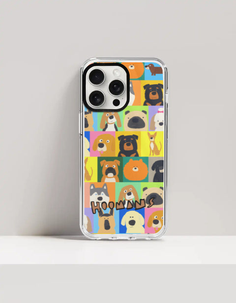Hoomans Lotta Dogs iPhone case: colour-block grid of hand-drawn dog breed portraits with HOOMANS lettering, on iPhone 15 Pro Max mockup