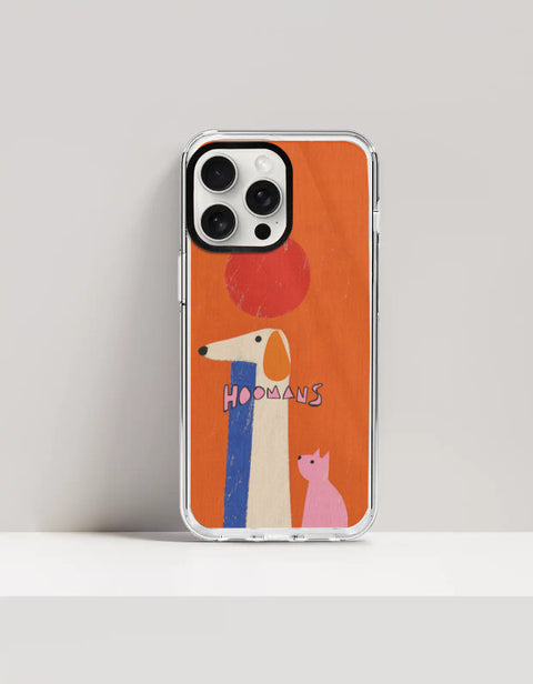 Hoomans Tall Dog Small Cat iPhone case: a very tall cream dog and a small pink cat on burnt orange with HOOMANS lettering, on iPhone 15 Pro Max mockup