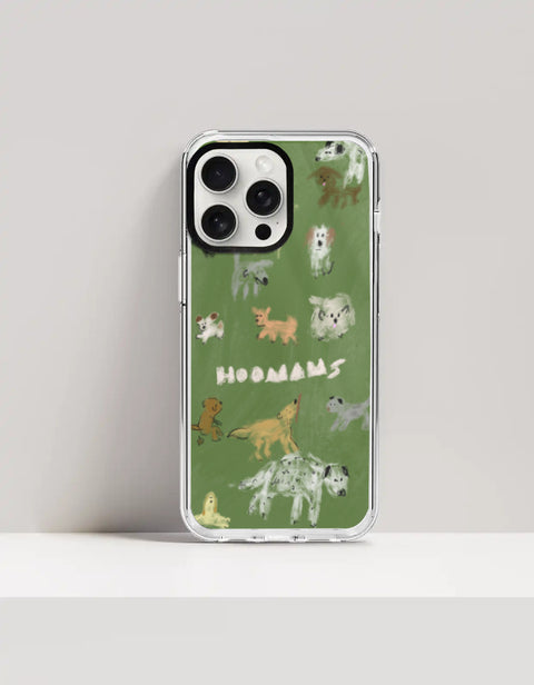 Hoomans Dog Park iPhone case — hand-painted dogs of different breeds on olive green, on iPhone 15 Pro Max mockup
