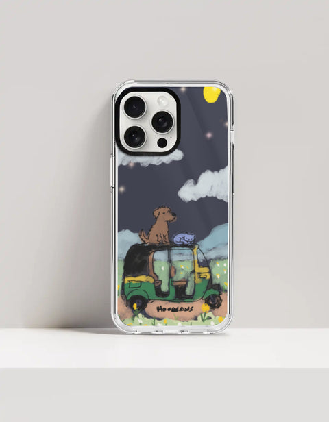 Hoomans Night Shift iPhone case — hand-painted dog and sleeping cat on an auto-rickshaw at night, on iPhone 15 Pro Max mockup