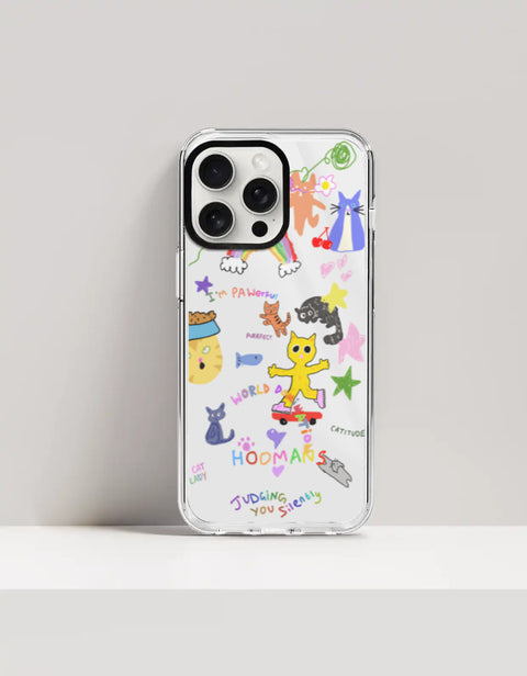 Hoomans Crazy Cat Lady iPhone case — colourful cat doodle sticker art, on iPhone 15 Pro Max mockup