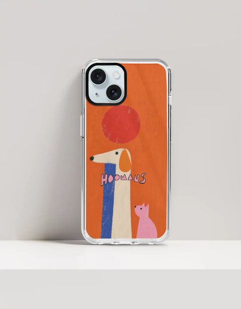 Hoomans Tall Dog Small Cat iPhone case: a very tall cream dog and a small pink cat on burnt orange with HOOMANS lettering, on iPhone 15 Plus mockup