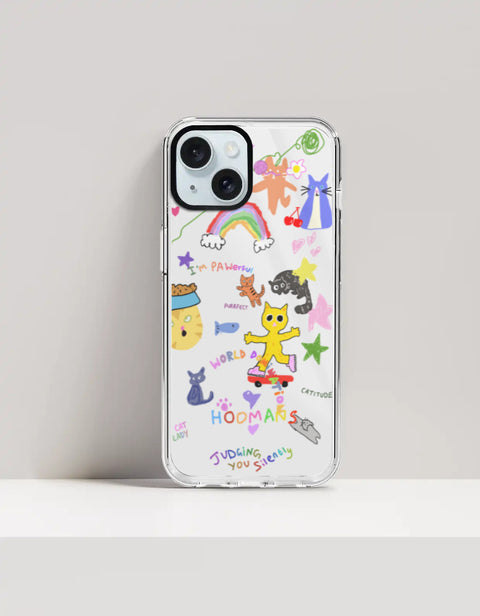 Hoomans Crazy Cat Lady iPhone case — colourful cat doodle sticker art, on iPhone 15 Plus mockup