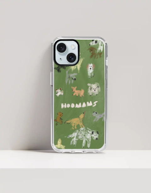 Hoomans Dog Park iPhone case — hand-painted dogs of different breeds on olive green, on iPhone 15 Plus mockup