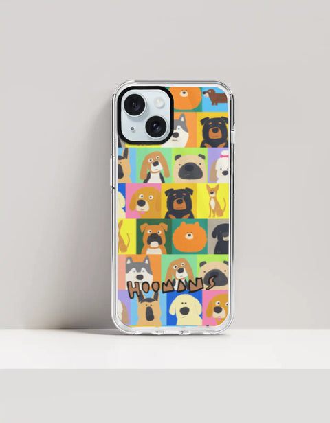 Hoomans Lotta Dogs iPhone case: colour-block grid of hand-drawn dog breed portraits with HOOMANS lettering, on iPhone 15 Plus mockup