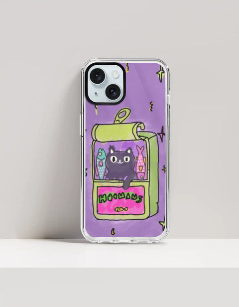 Hoomans Sardine Tin iPhone case — black cat in a green sardine tin, purple doodle background, on iPhone 15 Plus mockup