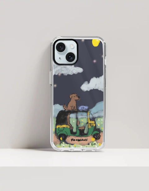 Hoomans Night Shift iPhone case — hand-painted dog and sleeping cat on an auto-rickshaw at night, on iPhone 15 Plus mockup