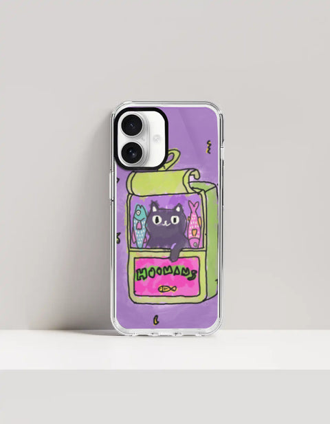 Hoomans Sardine Tin iPhone case — black cat in a green sardine tin, purple doodle background, on iPhone 16 mockup