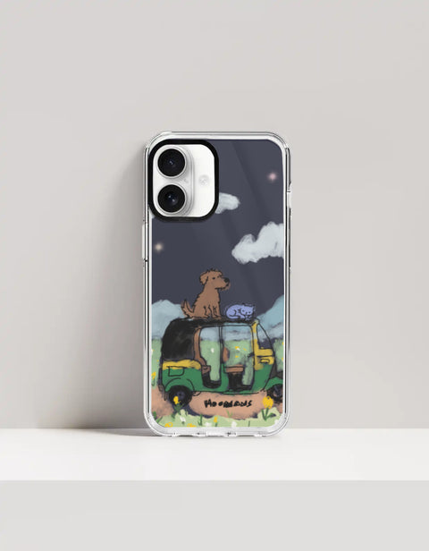 Hoomans Night Shift iPhone case — hand-painted dog and sleeping cat on an auto-rickshaw at night, on iPhone 16 mockup