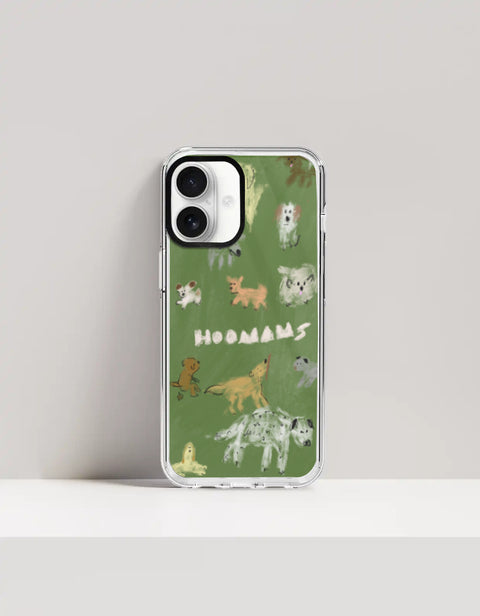 Hoomans Dog Park iPhone case — hand-painted dogs of different breeds on olive green, on iPhone 16 mockup