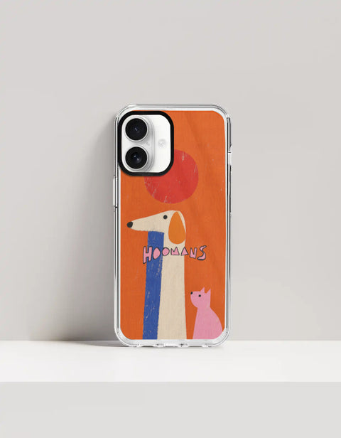 Hoomans Tall Dog Small Cat iPhone case: a very tall cream dog and a small pink cat on burnt orange with HOOMANS lettering, on iPhone 16 mockup