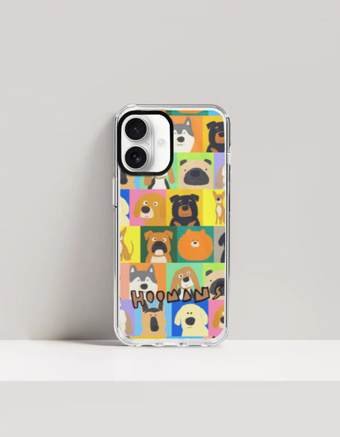 Hoomans Lotta Dogs iPhone case: colour-block grid of hand-drawn dog breed portraits with HOOMANS lettering, on iPhone 16 mockup
