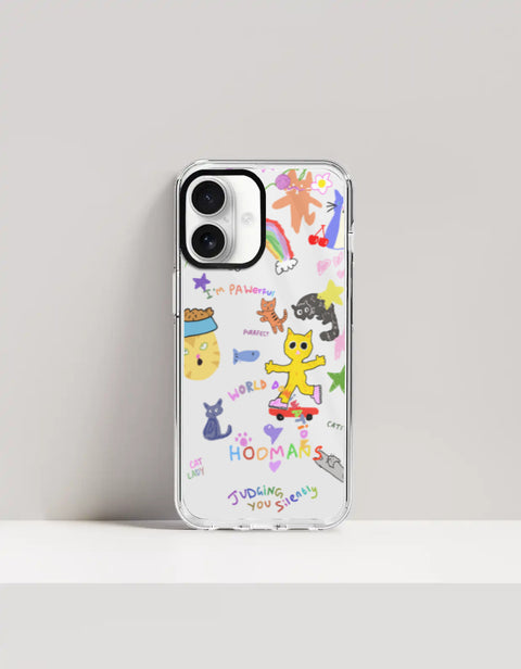 Hoomans Crazy Cat Lady iPhone case — colourful cat doodle sticker art, on iPhone 16 mockup