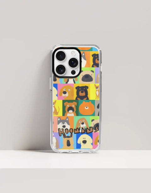 Hoomans Lotta Dogs iPhone case: colour-block grid of hand-drawn dog breed portraits with HOOMANS lettering, on iPhone 16 Pro mockup