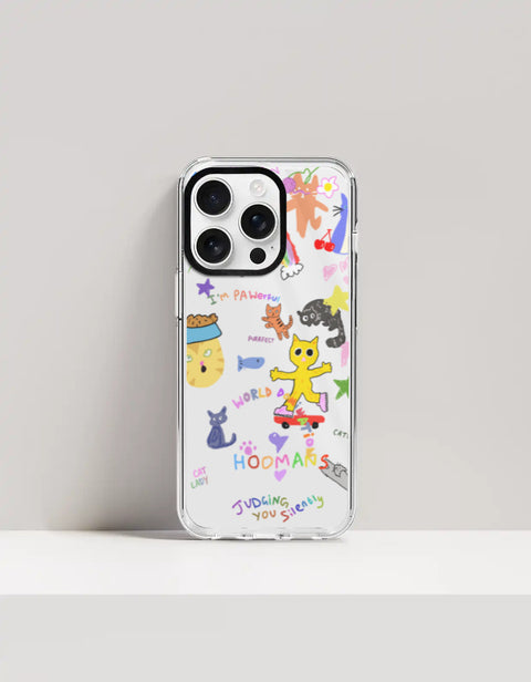 Hoomans Crazy Cat Lady iPhone case — colourful cat doodle sticker art, on iPhone 16 Pro mockup