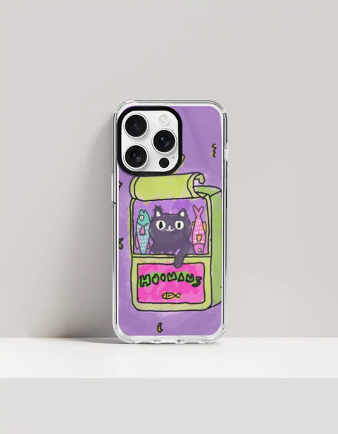 Hoomans Sardine Tin iPhone case — black cat in a green sardine tin, purple doodle background, on iPhone 16 Pro mockup
