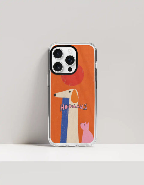 Hoomans Tall Dog Small Cat iPhone case: a very tall cream dog and a small pink cat on burnt orange with HOOMANS lettering, on iPhone 16 Pro mockup