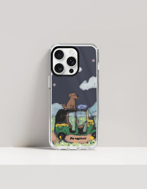 Hoomans Night Shift iPhone case — hand-painted dog and sleeping cat on an auto-rickshaw at night, on iPhone 16 Pro mockup