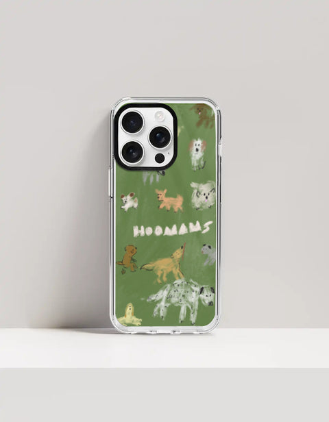 Hoomans Dog Park iPhone case — hand-painted dogs of different breeds on olive green, on iPhone 16 Pro mockup