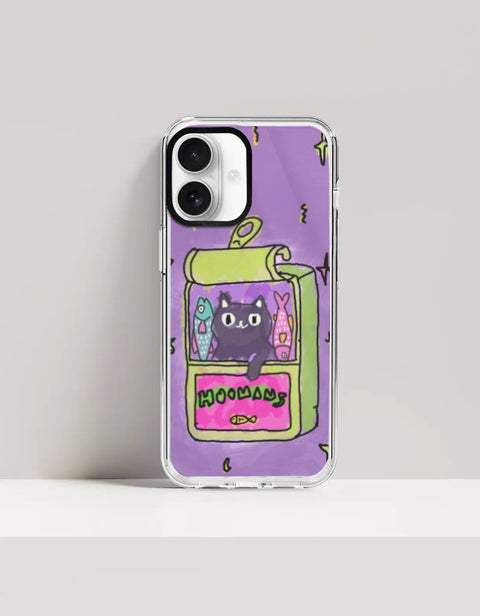 Hoomans Sardine Tin iPhone case — black cat in a green sardine tin, purple doodle background, on iPhone 16 Plus mockup