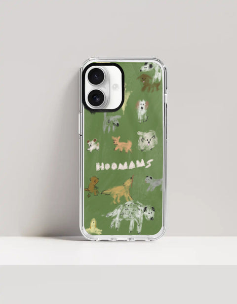Hoomans Dog Park iPhone case — hand-painted dogs of different breeds on olive green, on iPhone 16 Plus mockup