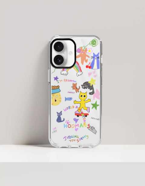 Hoomans Crazy Cat Lady iPhone case — colourful cat doodle sticker art, on iPhone 16 Plus mockup