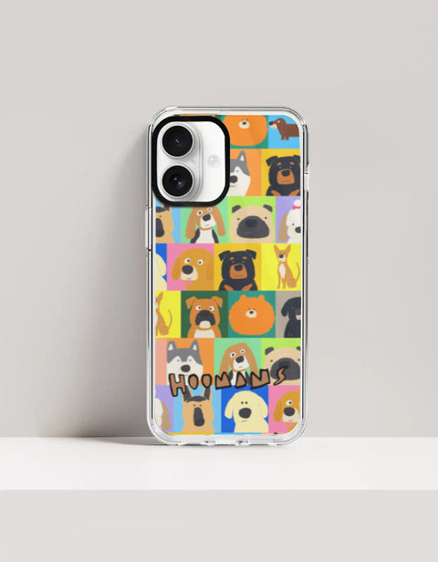 Hoomans Lotta Dogs iPhone case: colour-block grid of hand-drawn dog breed portraits with HOOMANS lettering, on iPhone 16 Plus mockup