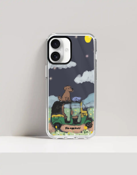 Hoomans Night Shift iPhone case — hand-painted dog and sleeping cat on an auto-rickshaw at night, on iPhone 16 Plus mockup