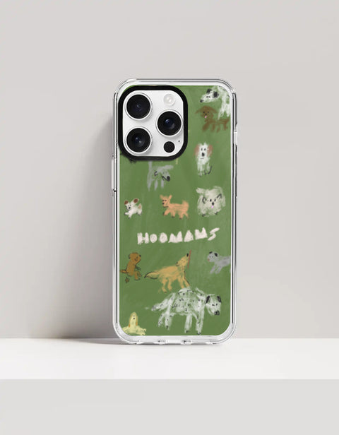 Hoomans Dog Park iPhone case — hand-painted dogs of different breeds on olive green, on iPhone 16 Pro Max mockup