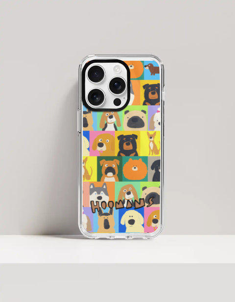 Hoomans Lotta Dogs iPhone case: colour-block grid of hand-drawn dog breed portraits with HOOMANS lettering, on iPhone 16 Pro Max mockup