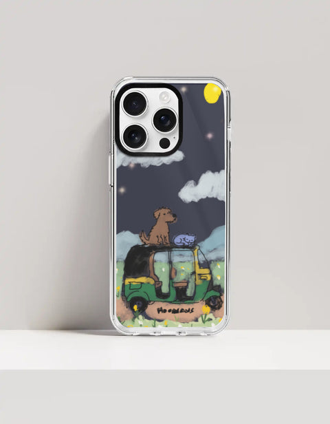 Hoomans Night Shift iPhone case — hand-painted dog and sleeping cat on an auto-rickshaw at night, on iPhone 16 Pro Max mockup