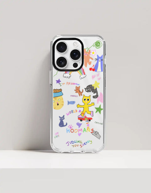 Hoomans Crazy Cat Lady iPhone case — colourful cat doodle sticker art, on iPhone 16 Pro Max mockup