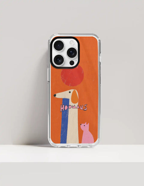 Hoomans Tall Dog Small Cat iPhone case: a very tall cream dog and a small pink cat on burnt orange with HOOMANS lettering, on iPhone 16 Pro Max mockup