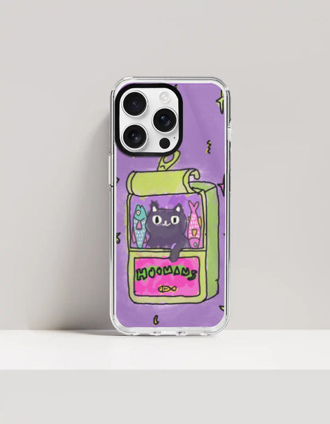 Hoomans Sardine Tin iPhone case — black cat in a green sardine tin, purple doodle background, on iPhone 16 Pro Max mockup