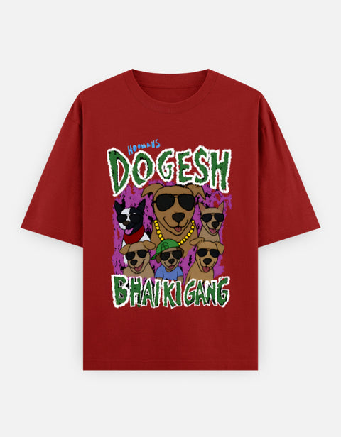 Dogesh Bhai Ki Gang oversized tee in red, front view