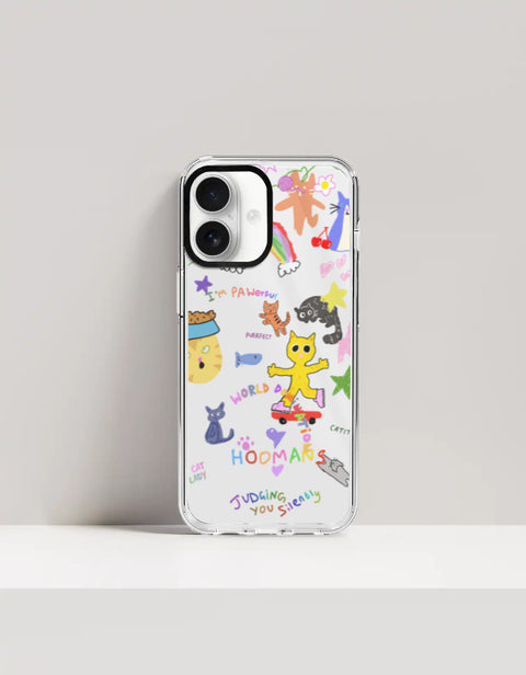 Hoomans Crazy Cat Lady iPhone case — colourful cat doodle sticker art, on iPhone 17 mockup