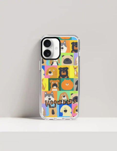 Hoomans Lotta Dogs iPhone case: colour-block grid of hand-drawn dog breed portraits with HOOMANS lettering, on iPhone 17 mockup
