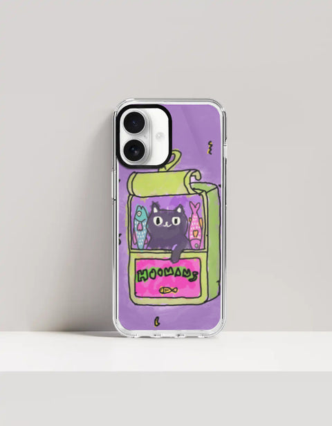 Hoomans Sardine Tin iPhone case — black cat in a green sardine tin, purple doodle background, on iPhone 17 mockup