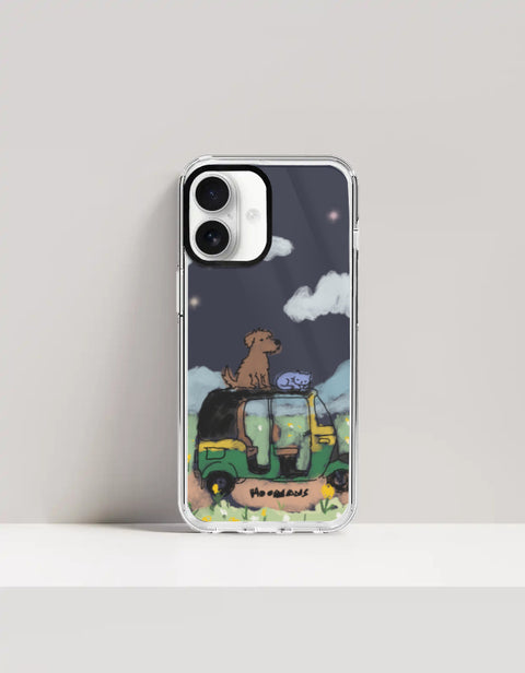 Hoomans Night Shift iPhone case — hand-painted dog and sleeping cat on an auto-rickshaw at night, on iPhone 17 mockup