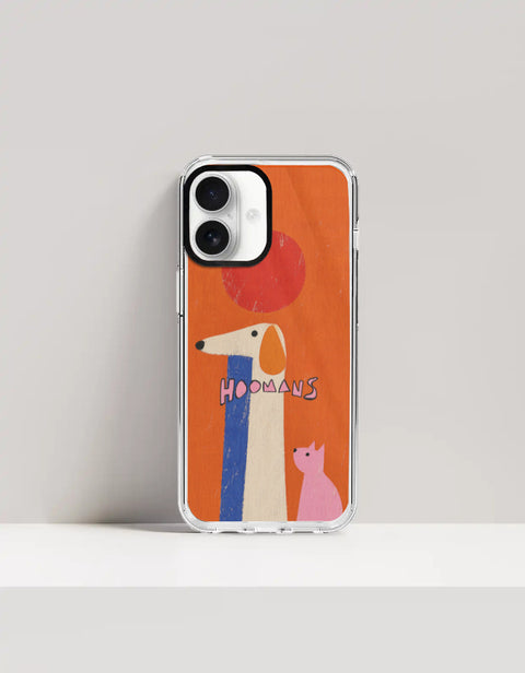 Hoomans Tall Dog Small Cat iPhone case: a very tall cream dog and a small pink cat on burnt orange with HOOMANS lettering, on iPhone 17 mockup