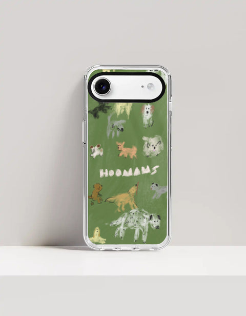 Hoomans Dog Park iPhone case — hand-painted dogs of different breeds on olive green, on iPhone 17 Air mockup