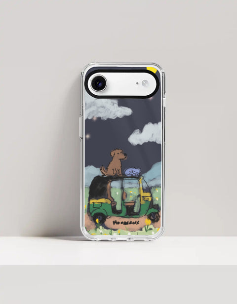 Hoomans Night Shift iPhone case — hand-painted dog and sleeping cat on an auto-rickshaw at night, on iPhone 17 Air mockup