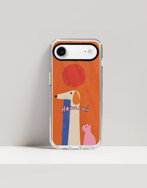 Hoomans Tall Dog Small Cat iPhone case: a very tall cream dog and a small pink cat on burnt orange with HOOMANS lettering, on iPhone 17 Air mockup