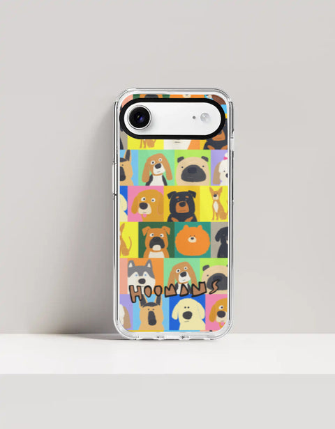 Hoomans Lotta Dogs iPhone case: colour-block grid of hand-drawn dog breed portraits with HOOMANS lettering, on iPhone 17 Air mockup