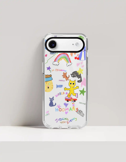 Hoomans Crazy Cat Lady iPhone case — colourful cat doodle sticker art, on iPhone 17 Air mockup