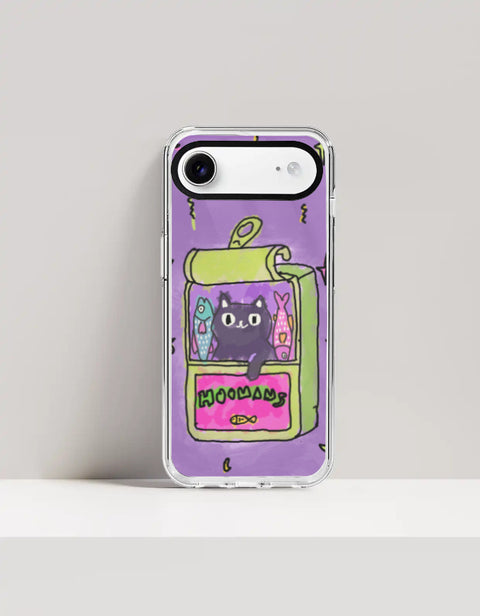 Hoomans Sardine Tin iPhone case — black cat in a green sardine tin, purple doodle background, on iPhone 17 Air mockup