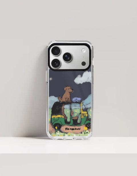 Hoomans Night Shift iPhone case — hand-painted dog and sleeping cat on an auto-rickshaw at night, on iPhone 17 Pro mockup
