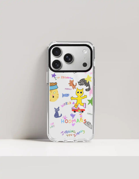 Hoomans Crazy Cat Lady iPhone case — colourful cat doodle sticker art, on iPhone 17 Pro mockup