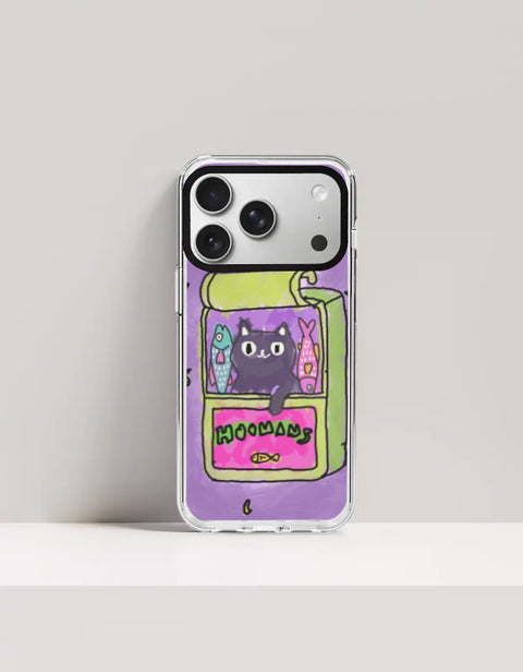 Hoomans Sardine Tin iPhone case — black cat in a green sardine tin, purple doodle background, on iPhone 17 Pro mockup