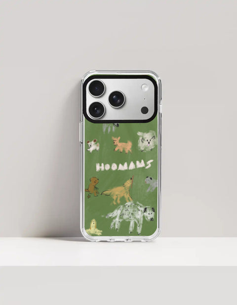 Hoomans Dog Park iPhone case — hand-painted dogs of different breeds on olive green, on iPhone 17 Pro mockup